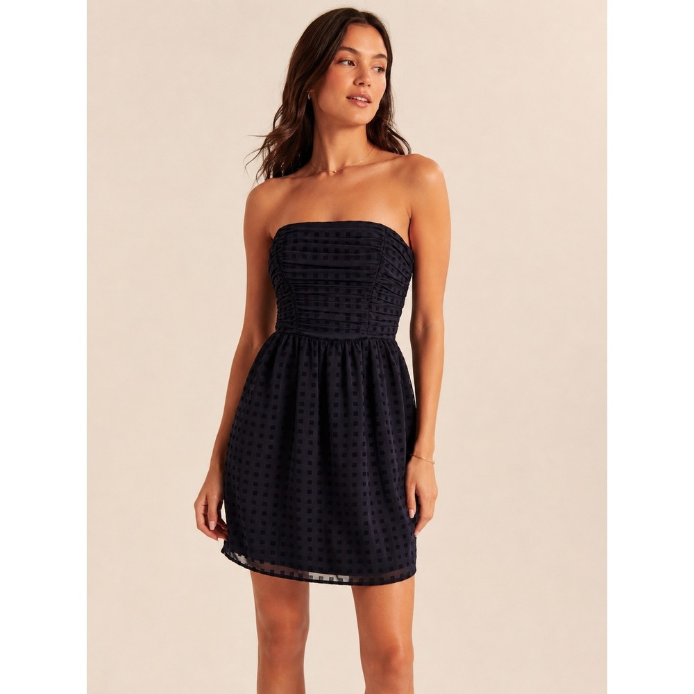 Shoshanna‎ Navy Blue Strapless Ruched Geometric Burnout Mini Dress 2 Cocktail